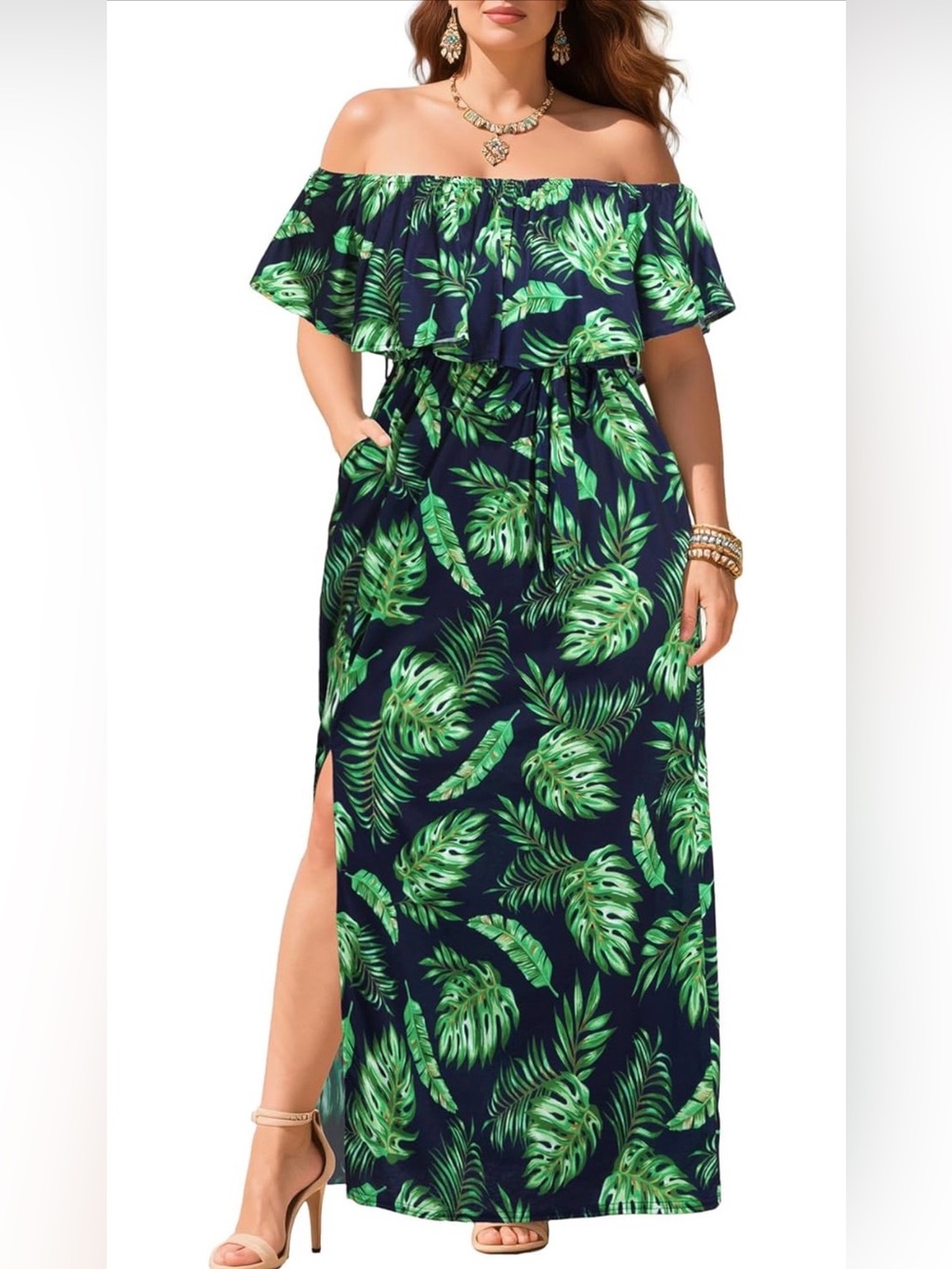 NWT PinUp Fashion- Black & Green Maxi Dress Green Tropical Leaf Print, 22W
